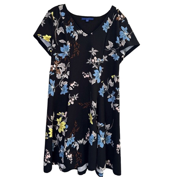 APT. 9 Women’s Floral Black Swing Dress XL Short Sleeve Stretch V-Neck - Picture 1 of 4